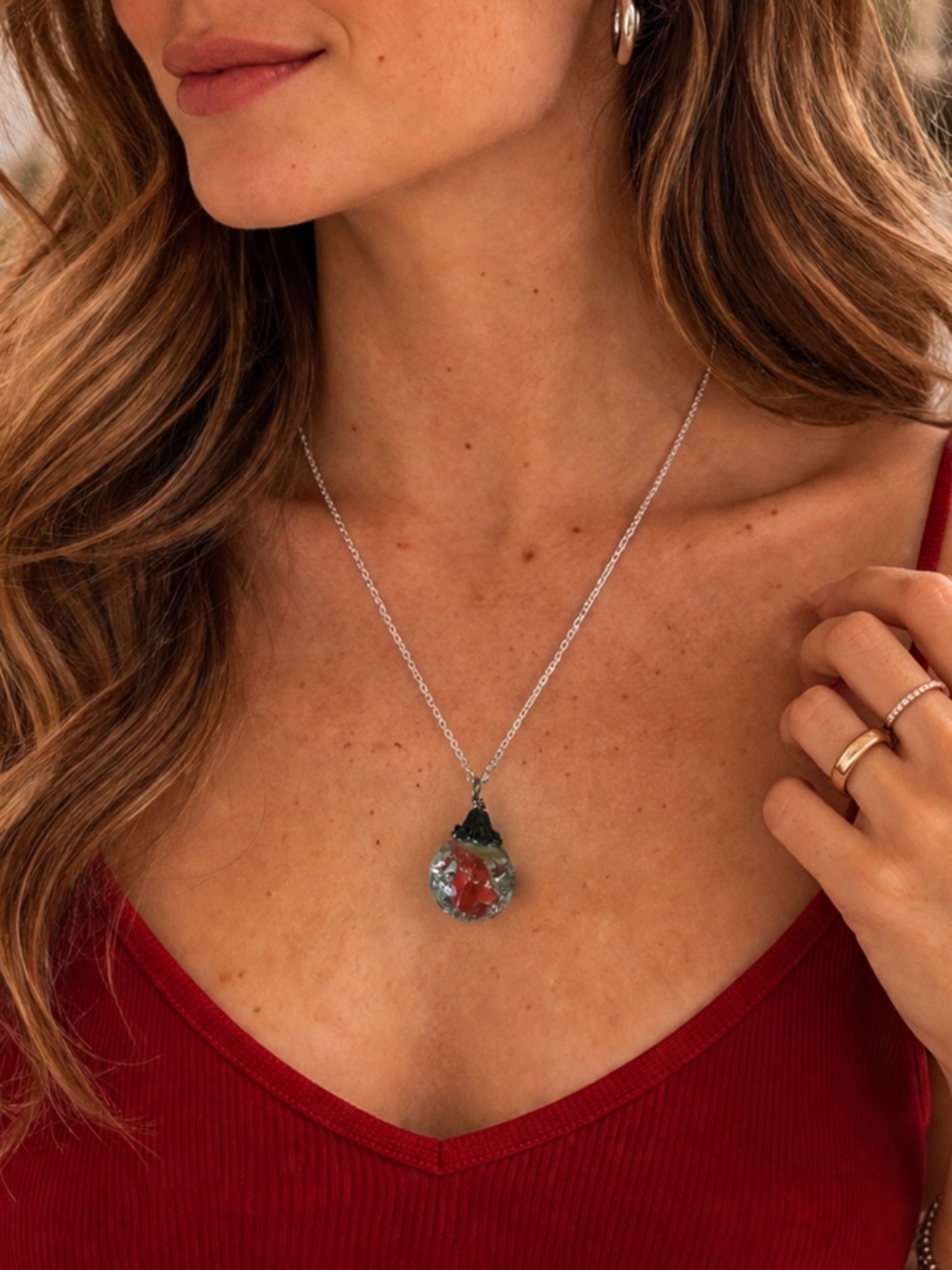 Vintage Red Glass Marble Pendant Necklace